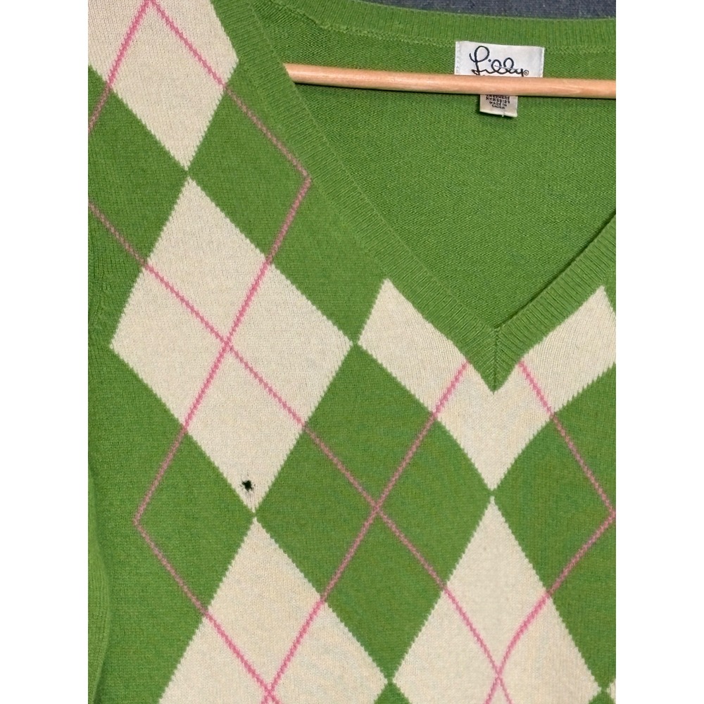 Y2K Lilly Pulitzer Womens 100% Cashmere Argyle V-Neck Sweater Green Pink Small - Picture 2 of 5